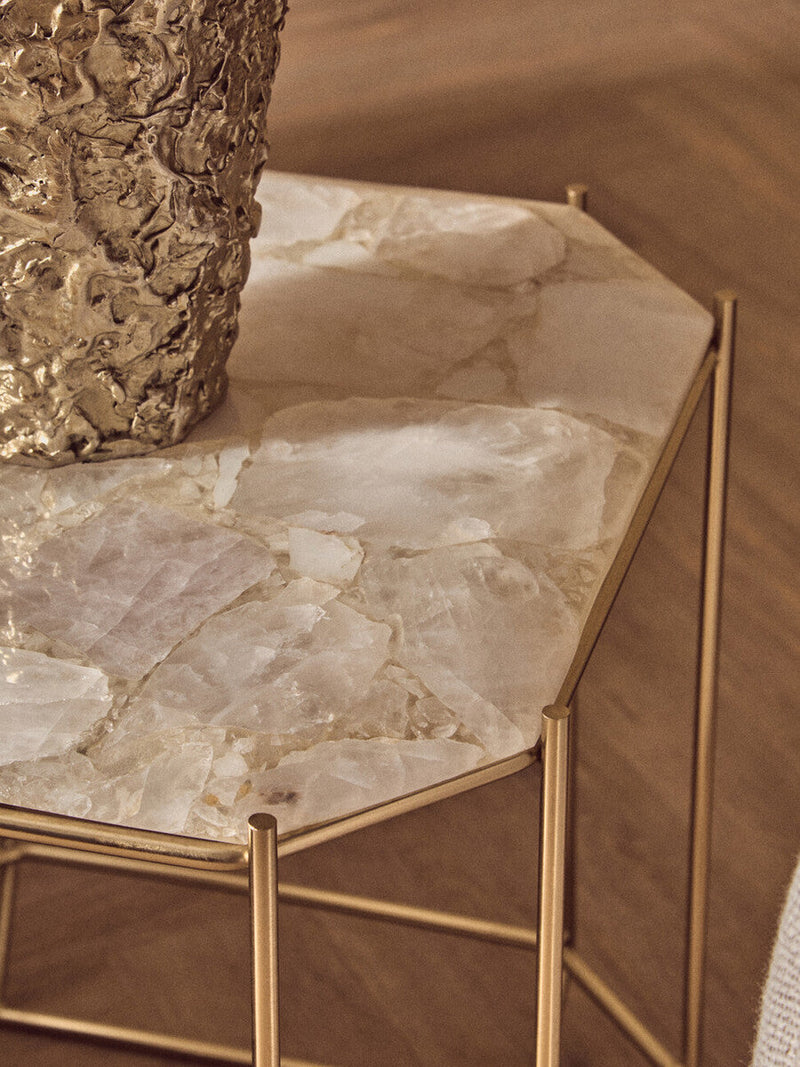 White Octagonal Stone Quartz Top Side Table with Warm Metallic Angular Base | Jaipur