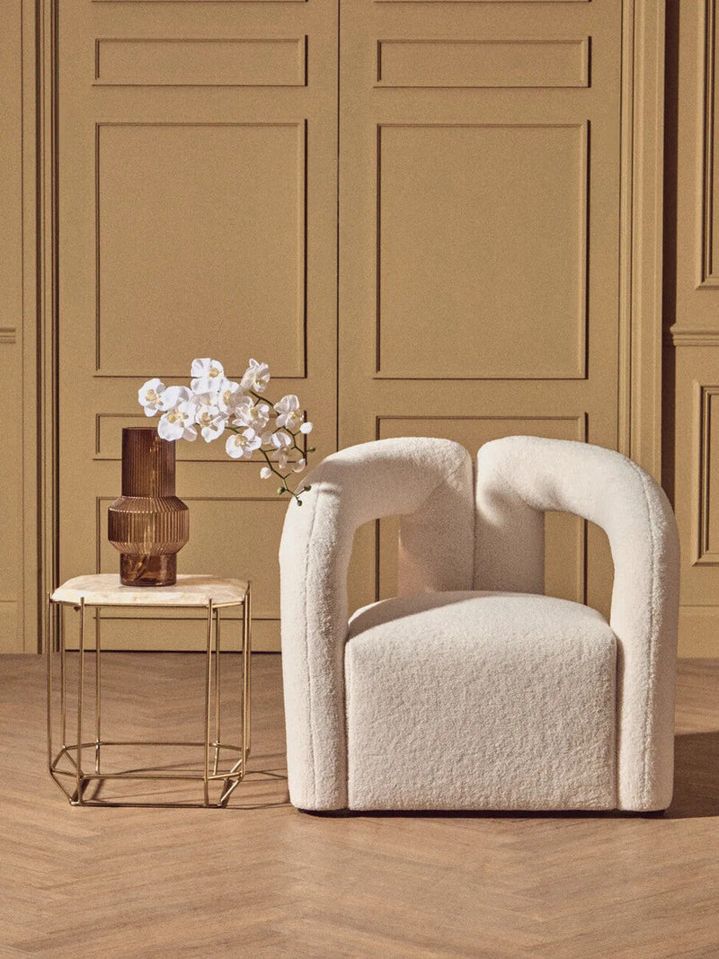 White Octagonal Stone Quartz Top Side Table with Warm Metallic Angular Base | Jaipur