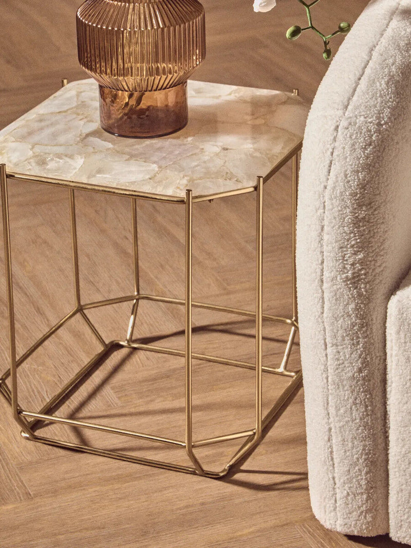 White Octagonal Stone Quartz Top Side Table with Warm Metallic Angular Base | Jaipur