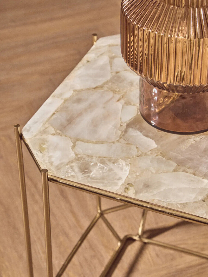 White Octagonal Stone Quartz Top Side Table with Warm Metallic Angular Base | Jaipur