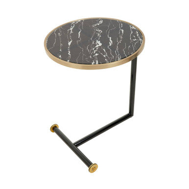 Black Marble Effect Glass Top Side Table with Gold Rim and Gold Feet | Oria
