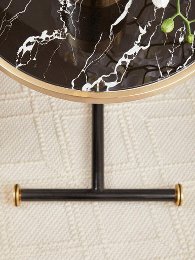 Black Marble Effect Glass Top Side Table with Gold Rim and Gold Feet | Oria