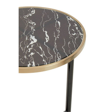 Black Marble Effect Glass Top Side Table with Gold Rim and Gold Feet | Oria