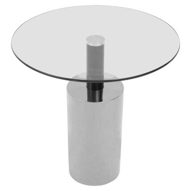 Clear Glass Top Side Table with Silver Steel Base and Black Column | Oria