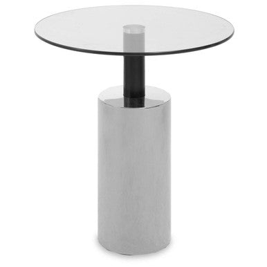 Clear Glass Top Side Table with Silver Steel Base and Black Column | Oria