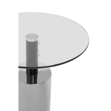 Clear Glass Top Side Table with Silver Steel Base and Black Column | Oria