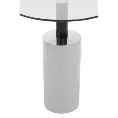 Clear Glass Top Side Table with Silver Steel Base and Black Column | Oria