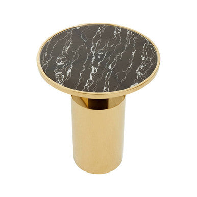 Black Marble Effect Glass Top Side Table with Gold Finished Base | Oria