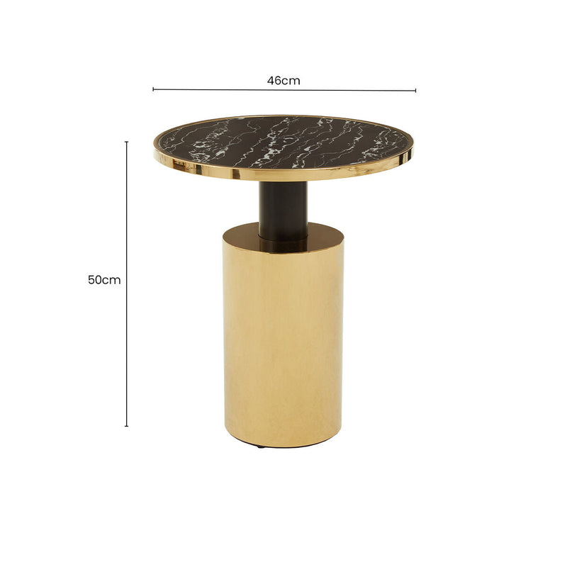 Black Marble Effect Glass Top Side Table with Gold Finished Base | Oria