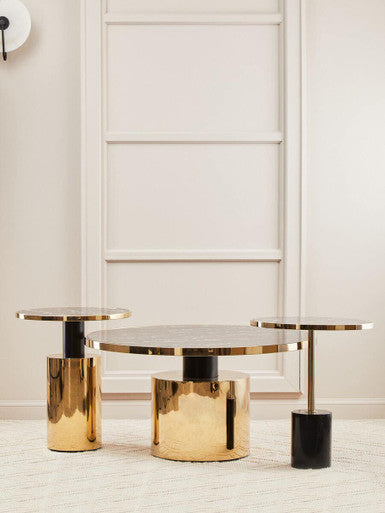 Black Marble Effect Glass Top Side Table with Gold Finished Base | Oria