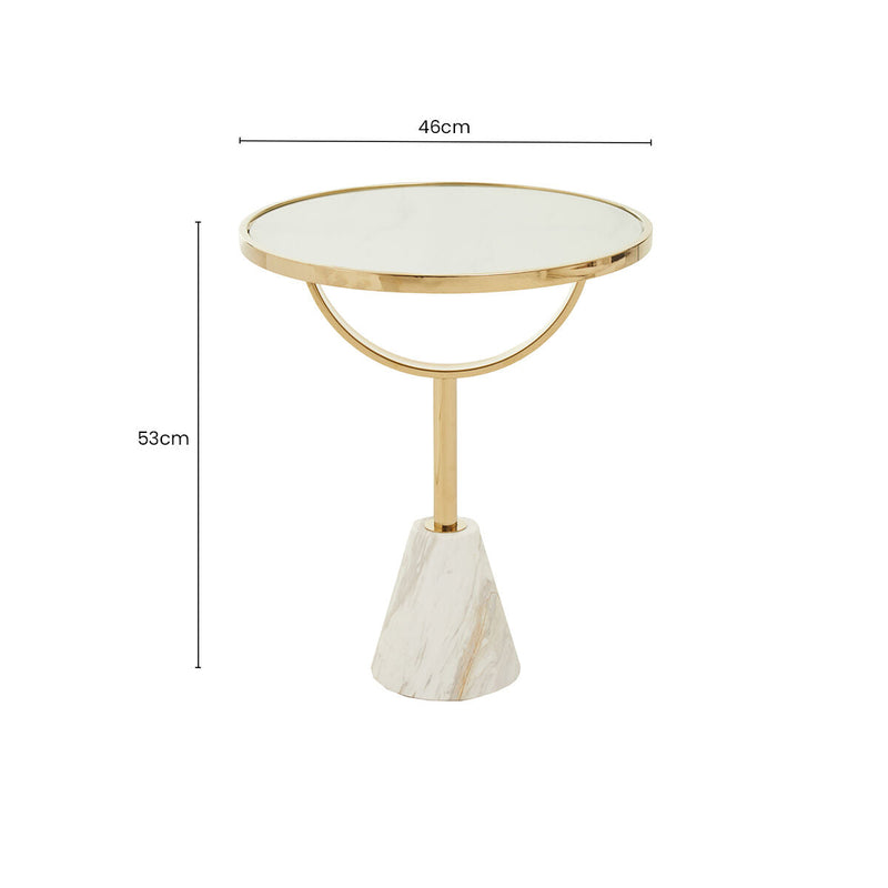 White Glass Top Side Table with Gold Metal Column and White Marble Base | Oria