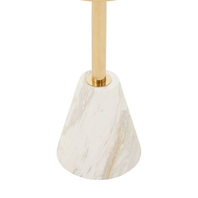 White Glass Top Side Table with Gold Metal Column and White Marble Base | Oria
