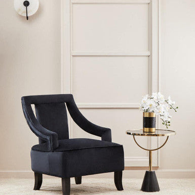 Black Glass Top Side Table with Gold Metal Column and Black Marble Base | Oria