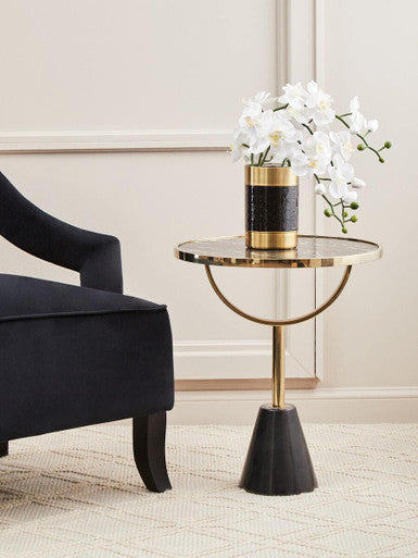 Black Glass Top Side Table with Gold Metal Column and Black Marble Base | Oria