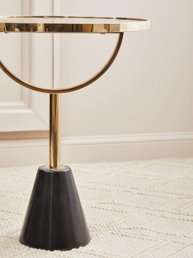 Black Glass Top Side Table with Gold Metal Column and Black Marble Base | Oria