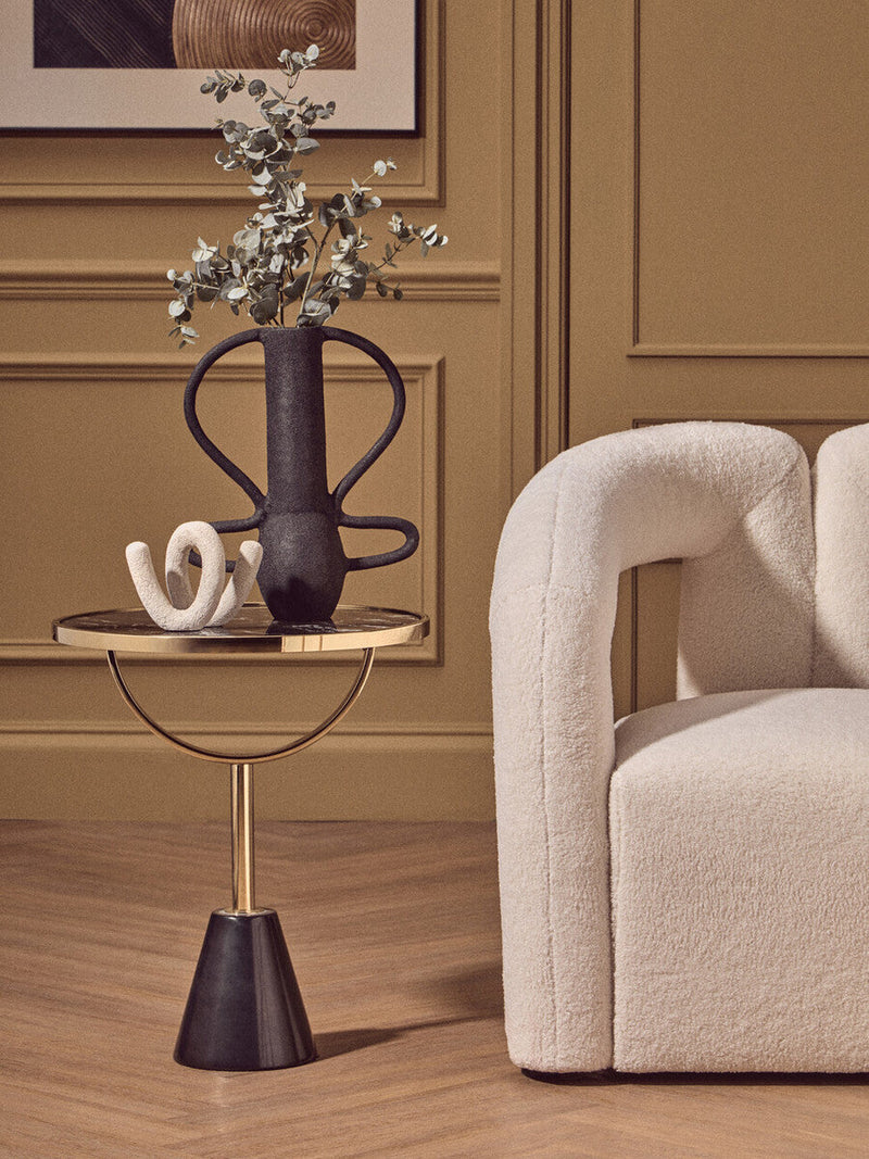 Black Glass Top Side Table with Gold Metal Column and Black Marble Base | Oria