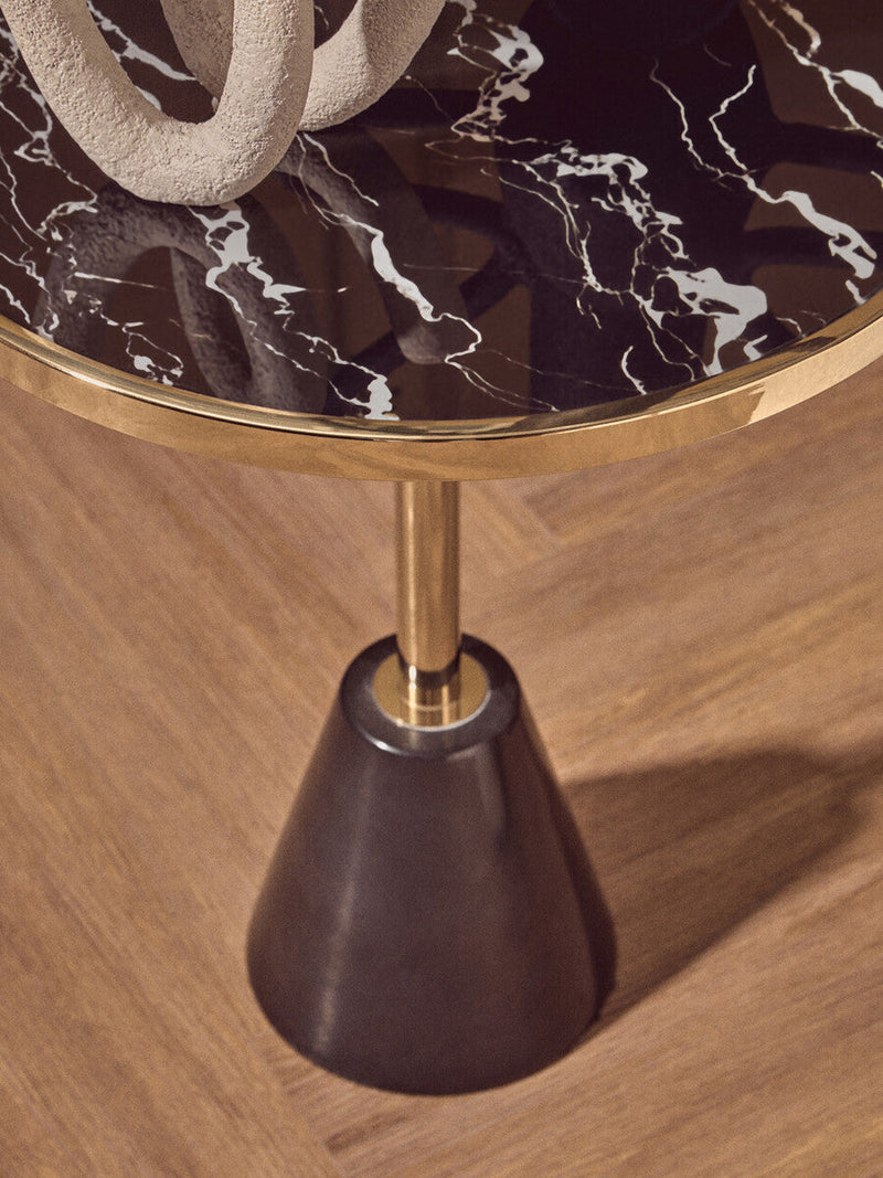 Black Glass Top Side Table with Gold Metal Column and Black Marble Base | Oria