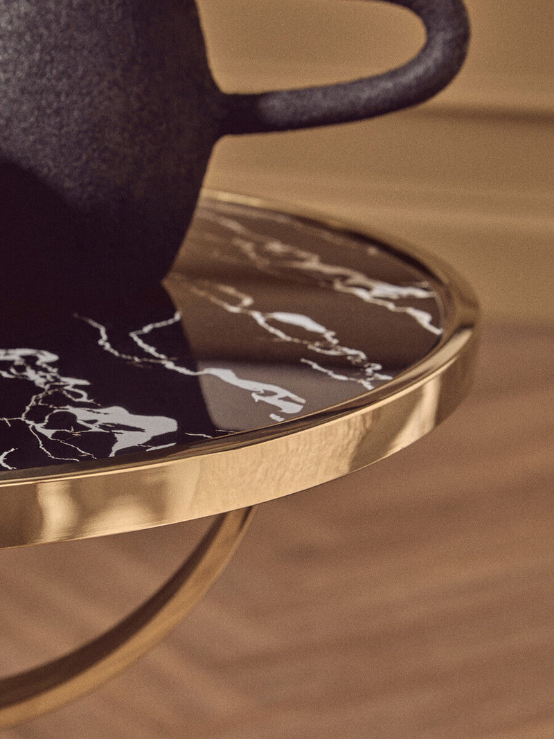 Black Glass Top Side Table with Gold Metal Column and Black Marble Base | Oria