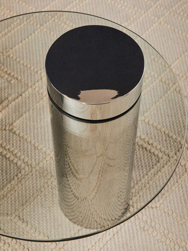 Clear Round Glass Top Side Table with Silver Metal Pedestal Base | Oria