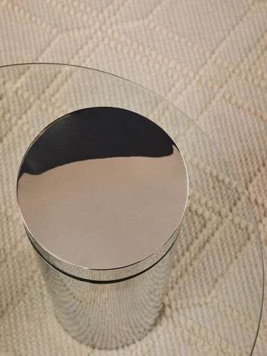 Clear Round Glass Top Side Table with Silver Metal Pedestal Base | Oria