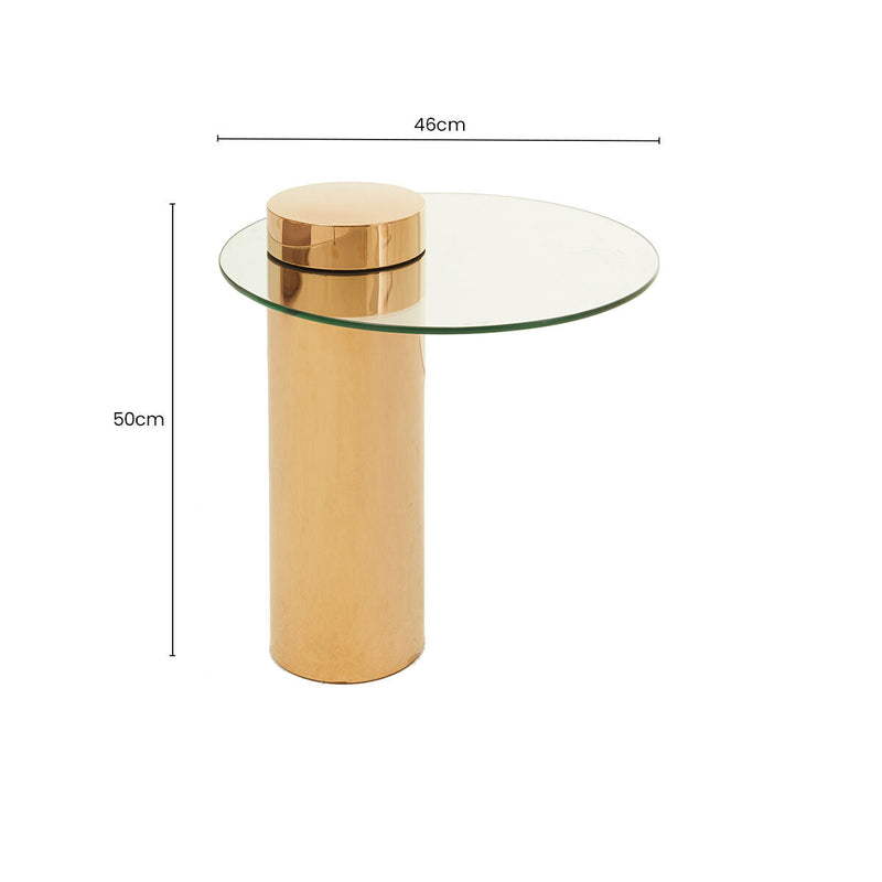 Clear Round Glass Side Table with Tall Rose Gold Standing Base | Oria