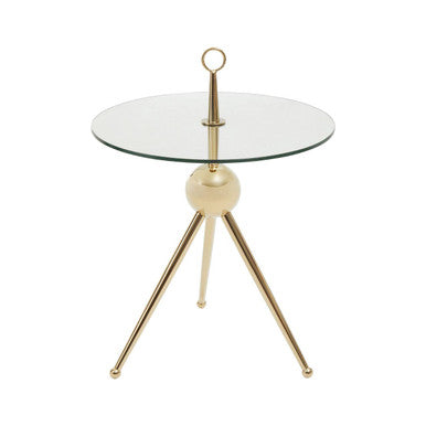 Clear Glass Top Side Table with Gold Tripod Metal Frame and Globe Detail | Oria
