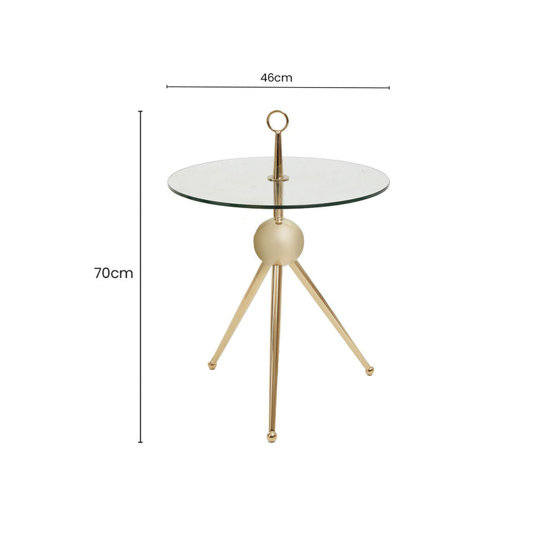 Clear Glass Top Side Table with Gold Tripod Metal Frame and Globe Detail | Oria