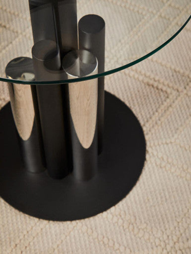 Clear Glass Top Side Table with Black and Silver Five Column Base | Oria