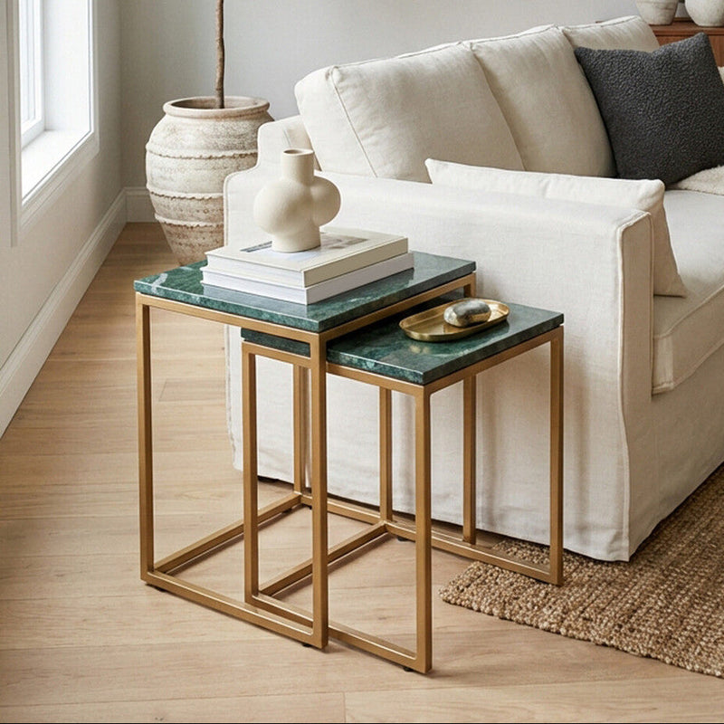 Nest of Two Green Marble Top Nesting Side Tables with Gold Finish Metal Frame | Varana