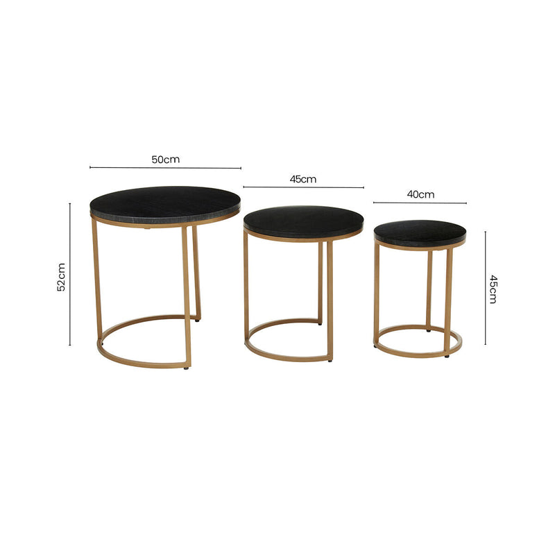 Nest of 3 Black Marble Round Top Nesting Tables with Matte Gold Metal Base | Varana