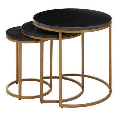 Nest of 3 Black Marble Round Top Nesting Tables with Matte Gold Metal Base | Varana