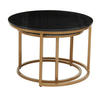 Nest of 2 Black Round Marble Top Tables with Gold Finish Metal Frames | Varana