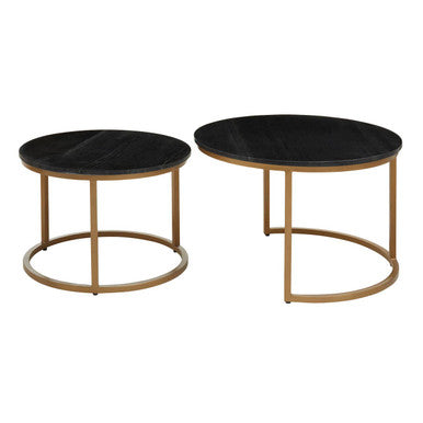 Nest of 2 Black Round Marble Top Tables with Gold Finish Metal Frames | Varana