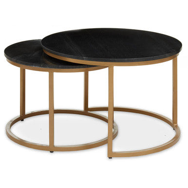 Nest of 2 Black Round Marble Top Tables with Gold Finish Metal Frames | Varana