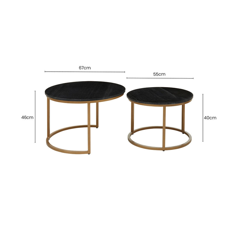 Nest of 2 Black Round Marble Top Tables with Gold Finish Metal Frames | Varana