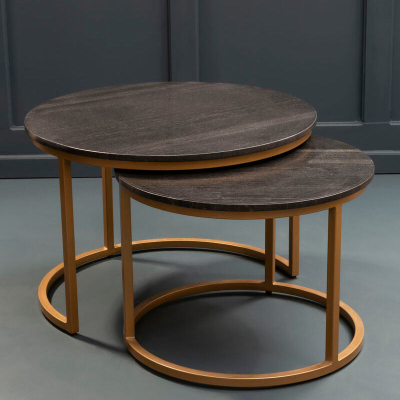 Nest of 2 Black Round Marble Top Tables with Gold Finish Metal Frames | Varana