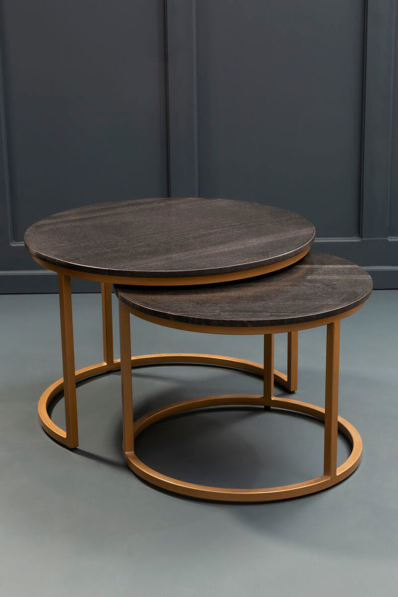 Nest of 2 Black Round Marble Top Tables with Gold Finish Metal Frames | Varana