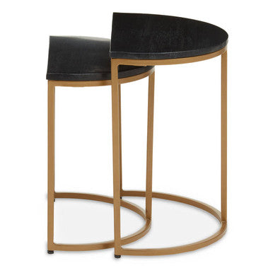 Nest of 2 Half Moon Black Marble Top Nesting Tables with Gold Finish Metal Bases | Varana