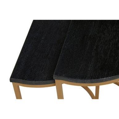 Nest of 2 Half Moon Black Marble Top Nesting Tables with Gold Finish Metal Bases | Varana