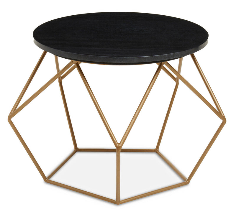 Black Round Marble Top Coffee Table with Matte Gold Finish Geometric Metal Frame | Varana