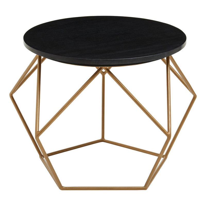 Black Round Marble Top Coffee Table with Matte Gold Finish Geometric Metal Frame | Varana