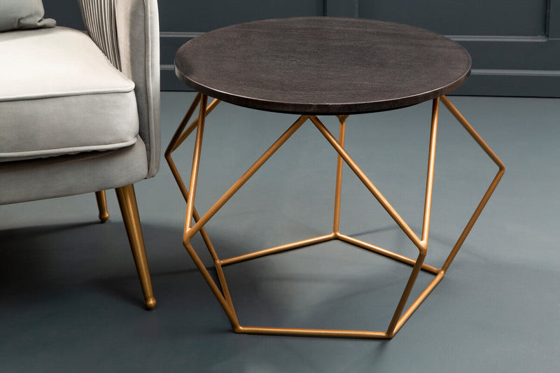 Black Round Marble Top Coffee Table with Matte Gold Finish Geometric Metal Frame | Varana
