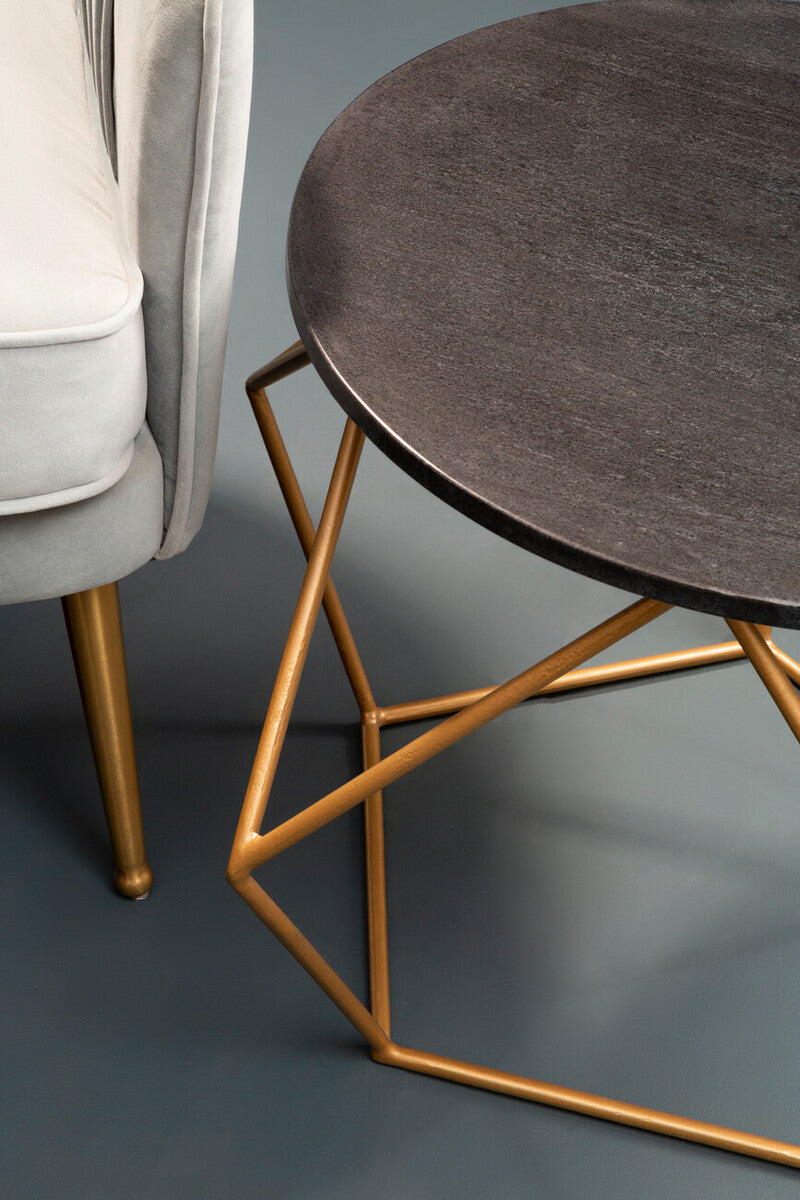 Black Round Marble Top Coffee Table with Matte Gold Finish Geometric Metal Frame | Varana