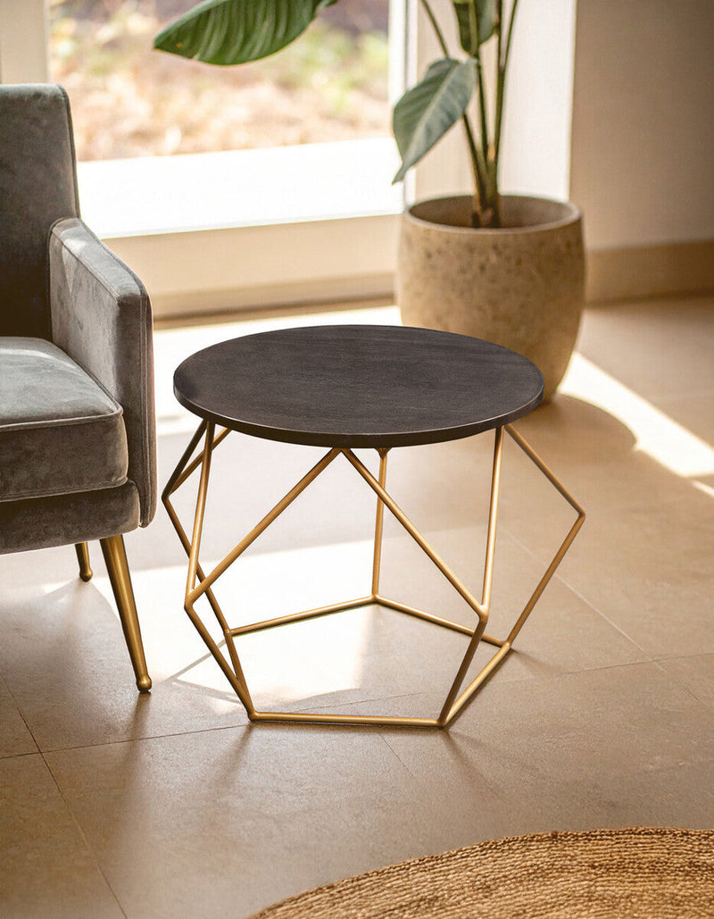 Black Round Marble Top Coffee Table with Matte Gold Finish Geometric Metal Frame | Varana