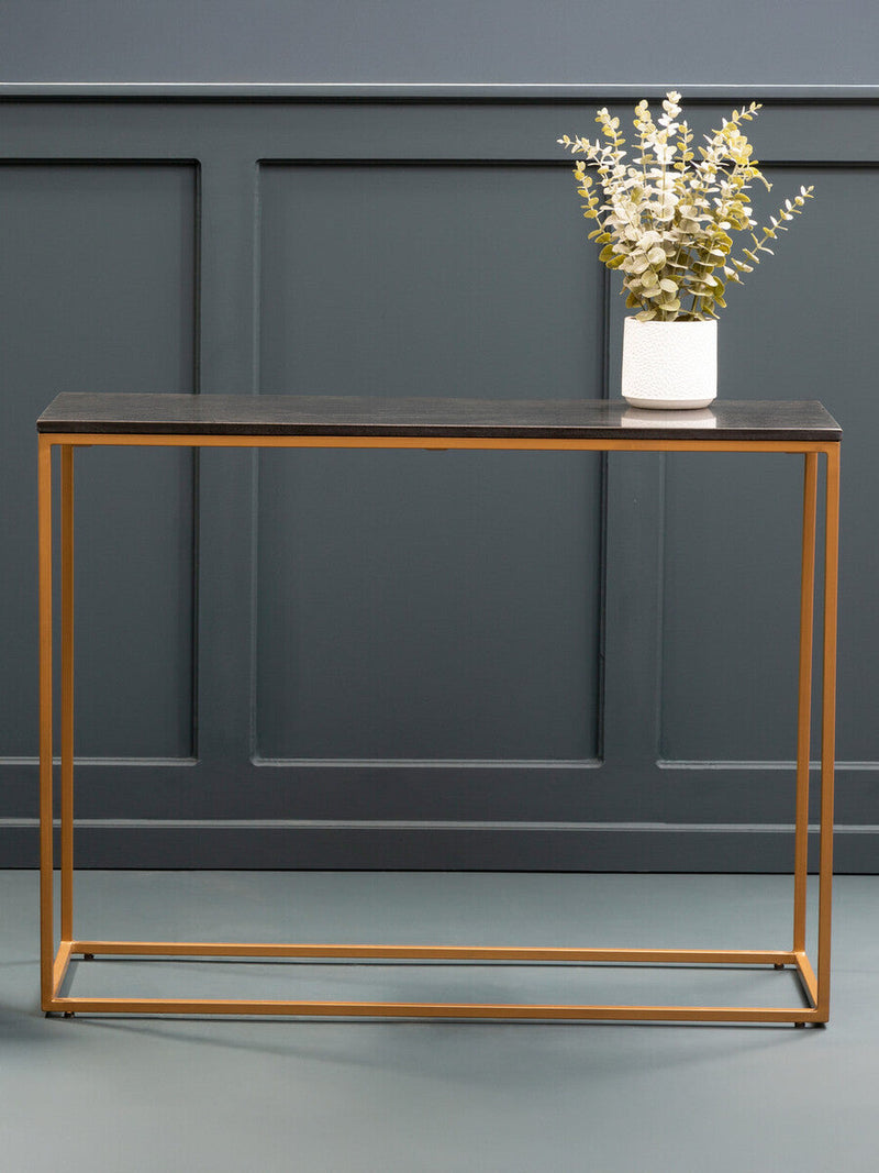 Black Marble Top Console Table with Matte Gold Metal Frame | Varana