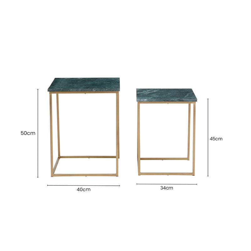 Nest of 2 Green Marble Top Side Tables with Gold Metal Bases | Mandoli