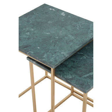 Nest of 2 Green Marble Top Side Tables with Gold Metal Bases | Mandoli