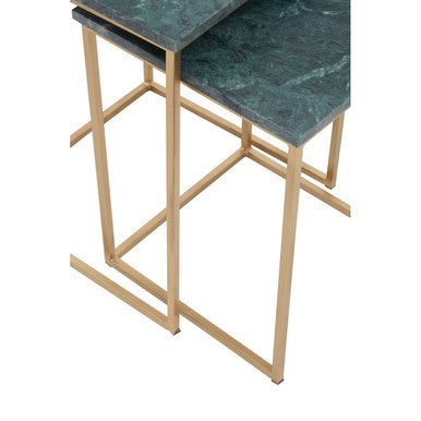 Nest of 2 Green Marble Top Side Tables with Gold Metal Bases | Mandoli