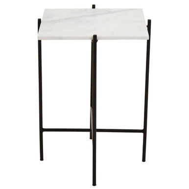White Marble Square Top Side Table with Sleek Black Iron Base | Mandoli