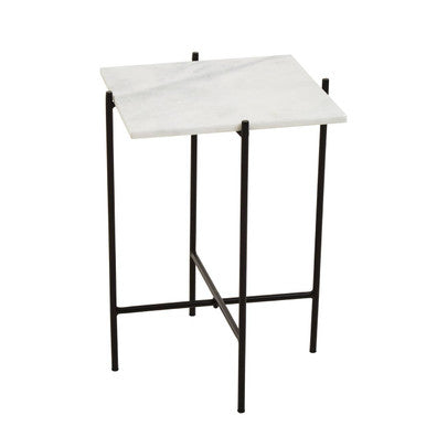 White Marble Square Top Side Table with Sleek Black Iron Base | Mandoli